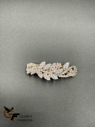 Cute silver color leaf design with white stones hair clip