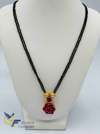Double line black beads chain with ruby stones pendant