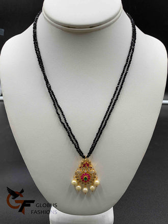 Multicolor stones peacock design pendant with double line black Diamond beads chain