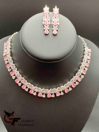 CZ Stones with pink color Stones silver color tone necklace set