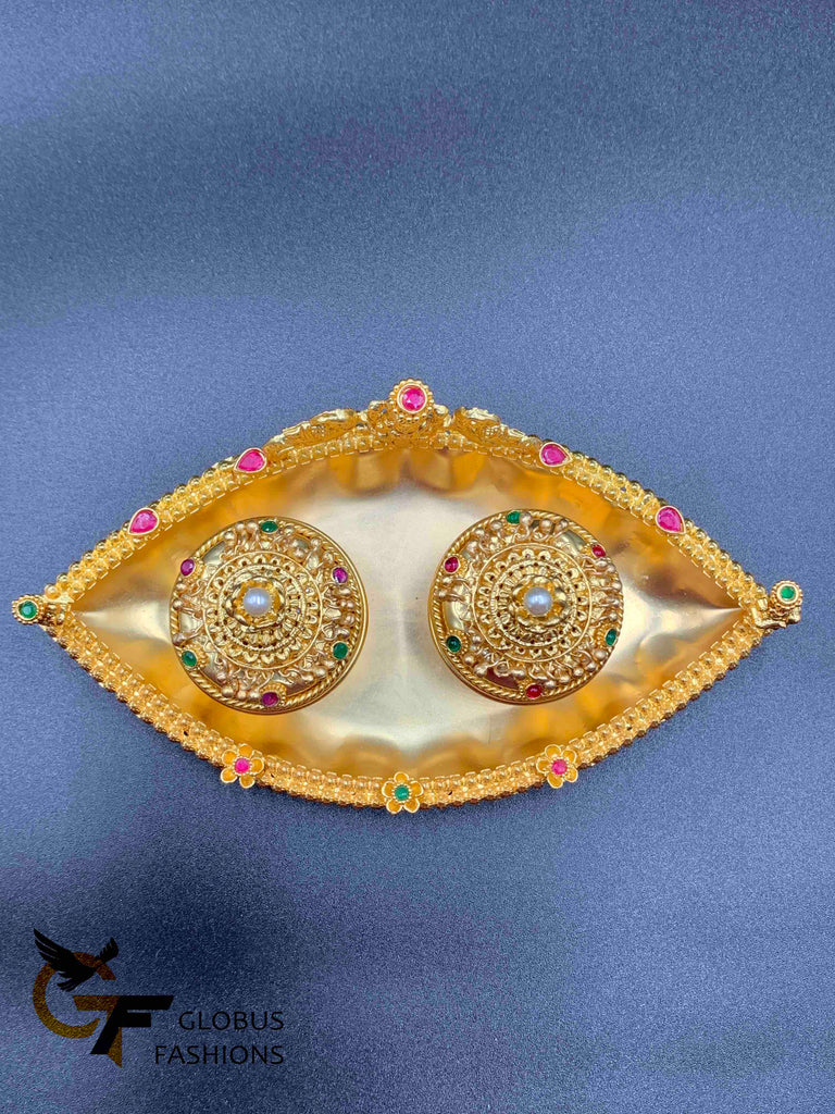 Gold plate with lakshmi print kumkum & Turmeric box