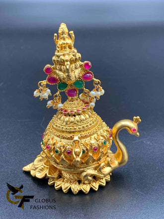 Multicolor Stones with Pearls Lakshmi & peacock design Kumkum and Turmeric box