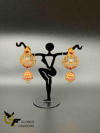 Cz stones and ruby stones with pearls chandbali jumka earrings