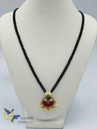 Black diamond beads chain with cute kundan stones pendant