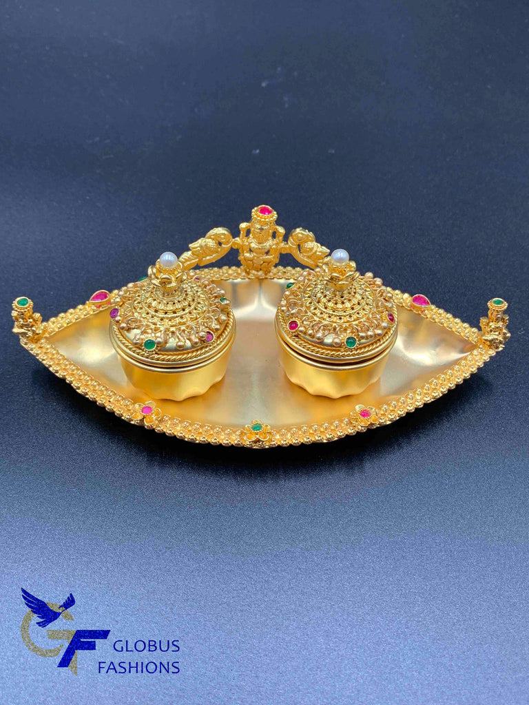 Gold plate with lakshmi print kumkum & Turmeric box