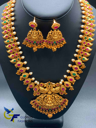 Beautiful and traditional antique temple design multicolor stones necklace set