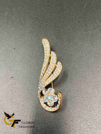 Feather design CZ stones brooch/ Saree pin