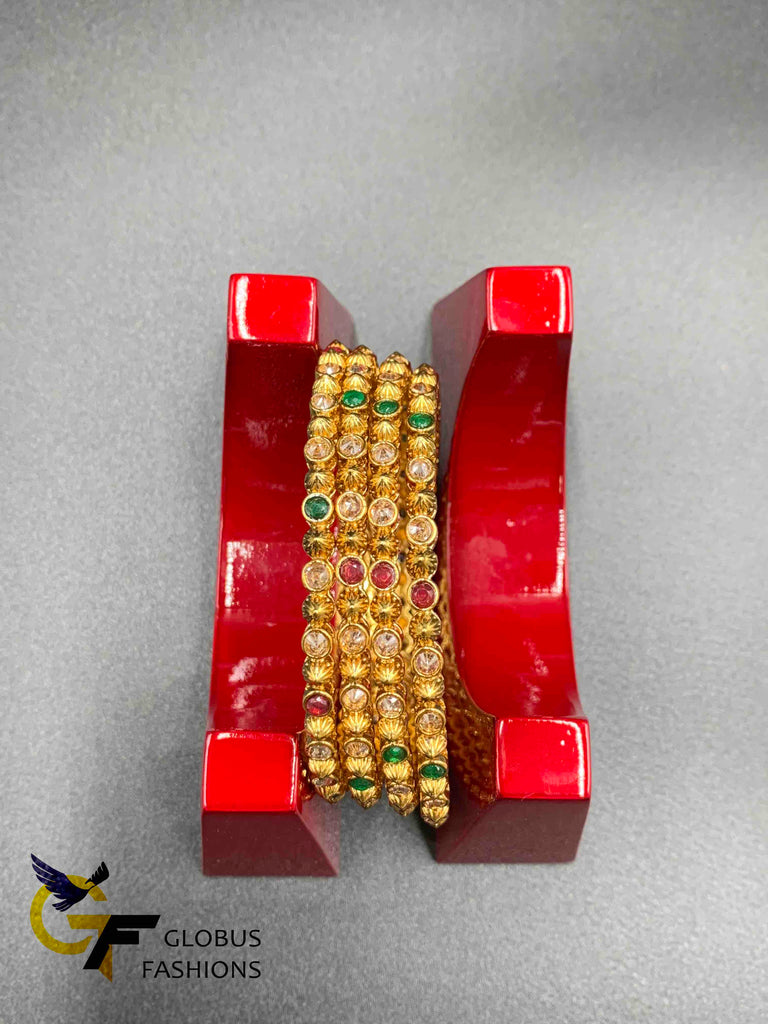 Traditional antique look multicolor Stones with Polki Stones set of 4 bangles
