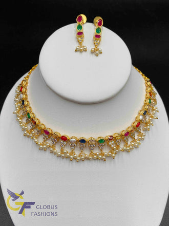 Navarathna Stones with Pearls necklace and matching earrings