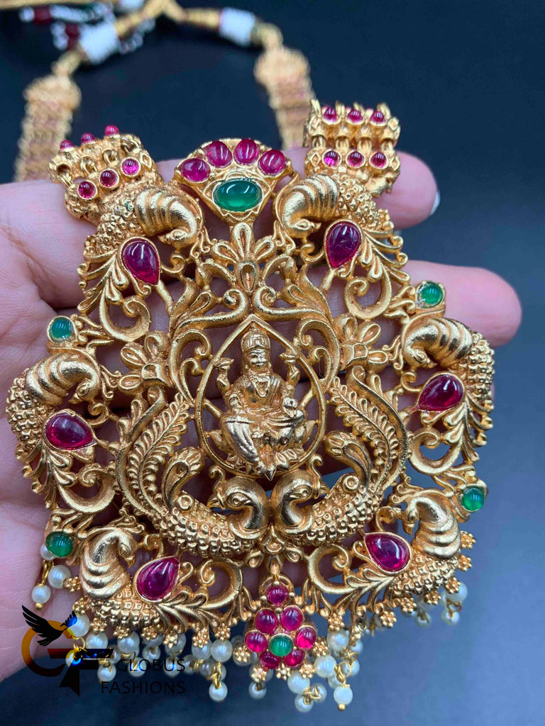 Traditional and antique design LAKSHMI print with pearls and multicolor stones long necklace and matching jumka set