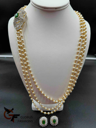 Long three line pearls chain with CZ stones side locket and earrings