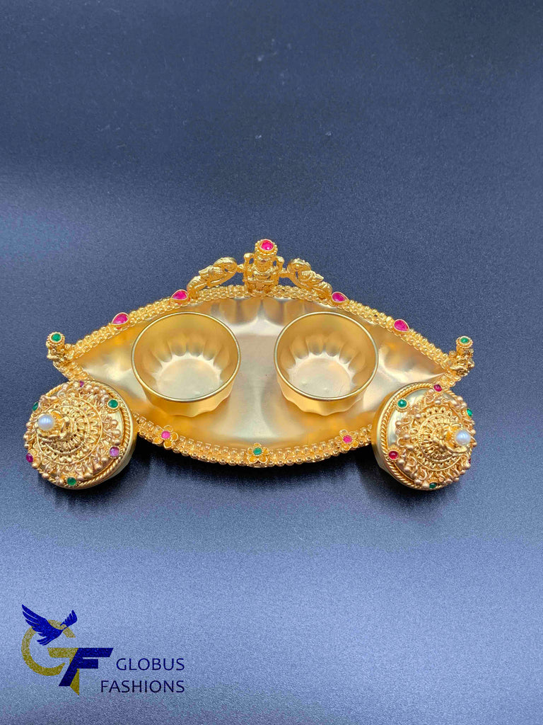 Gold plate with lakshmi print kumkum & Turmeric box