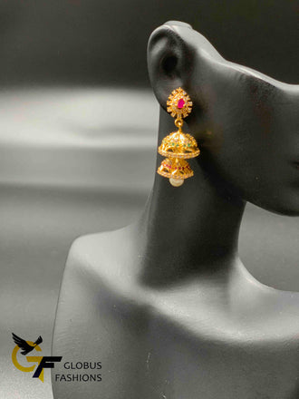 Multicolor stones with pearls double step jumka earrings