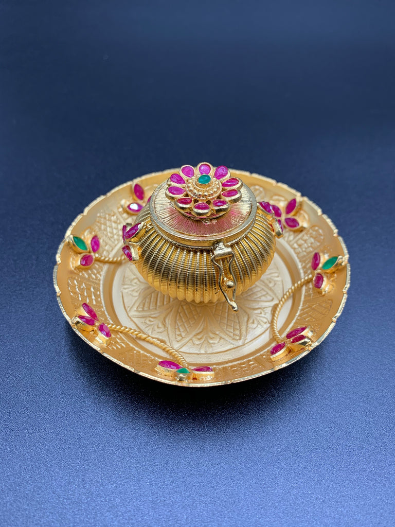 Cute leaf design multicolor stones kumkum and turmeric box
