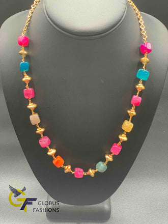 Square share natural multicolored beads with gold beads single line chain