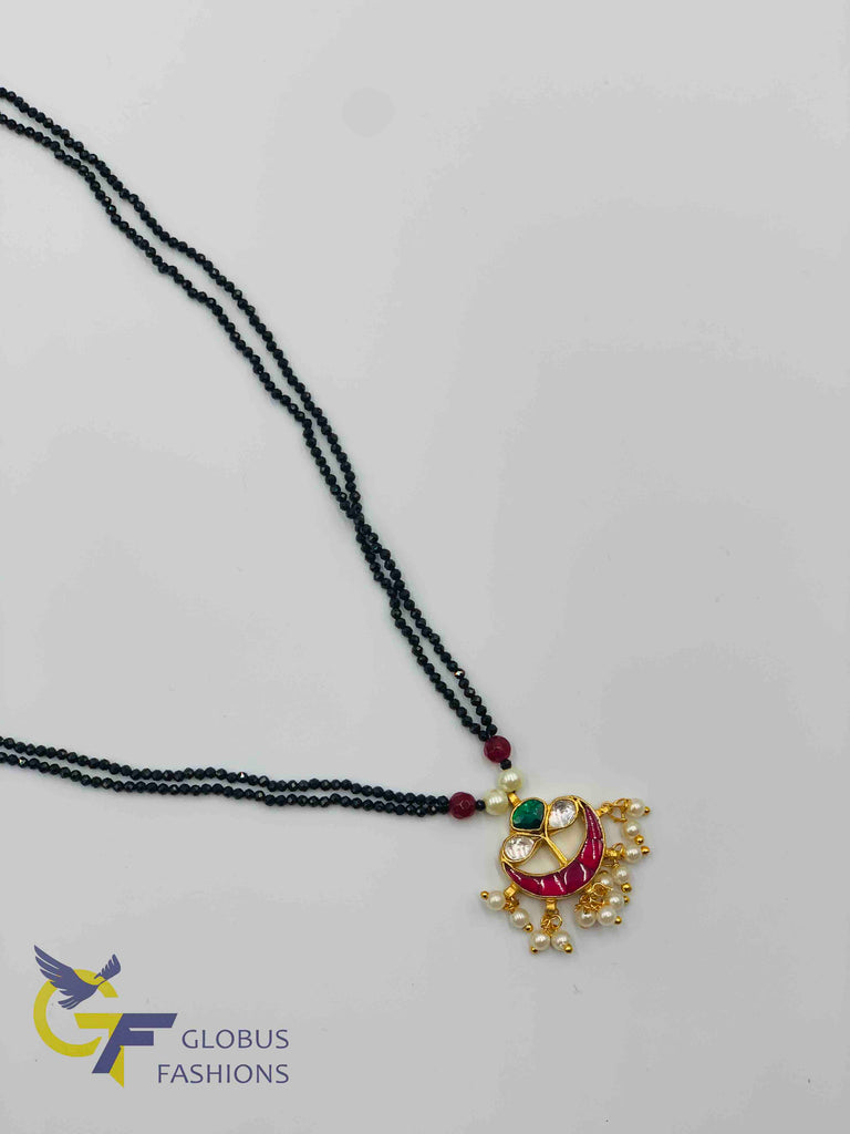 Black diamond beads chain with cute kundan stones pendant