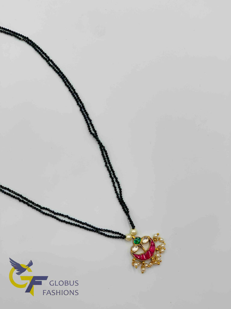 Black diamond beads chain with cute kundan stones pendant