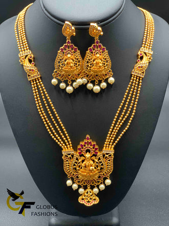 Traditional and antique Lakshmi print long necklace with matching earrings
