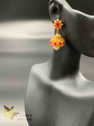 Cz stones and ruby stones jumka earrings