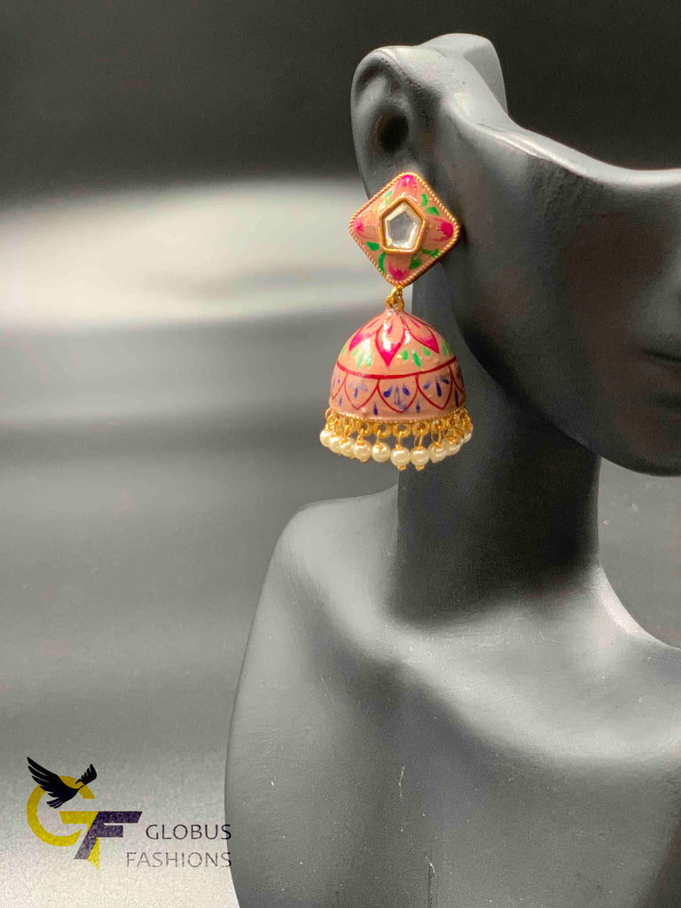 Beautiful enamel hand painted with kundan stones jumka earrings