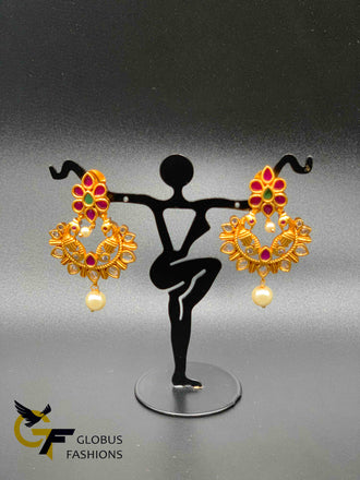 Ruby stones and uncut cz stones chandbali earrings