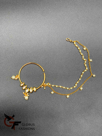 Ovel shape kundan stones nose ring with pearls chain