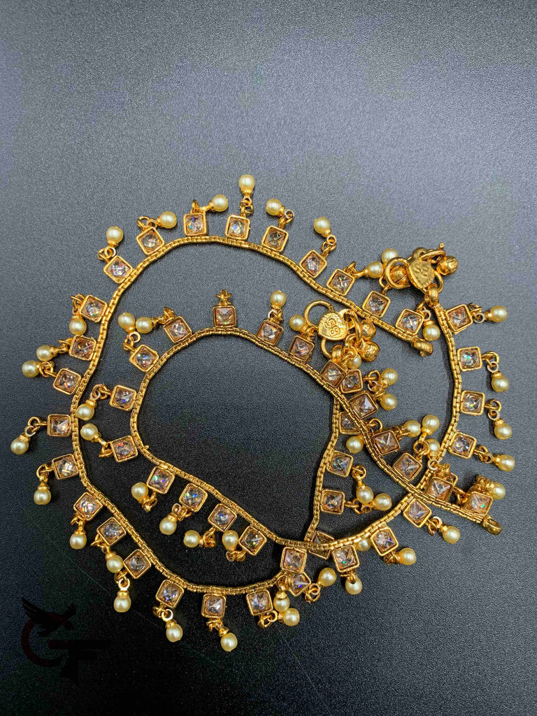 Antique look anklets with pearls and square type Kundans