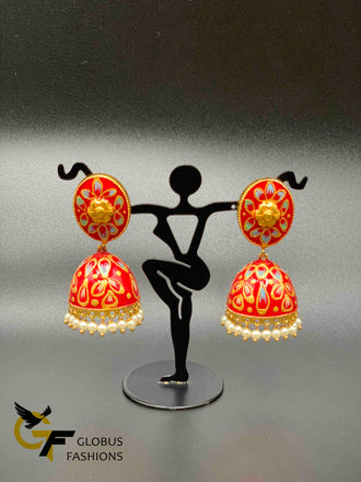 Beautiful enamel hand painted with kundan stones jumka earrings