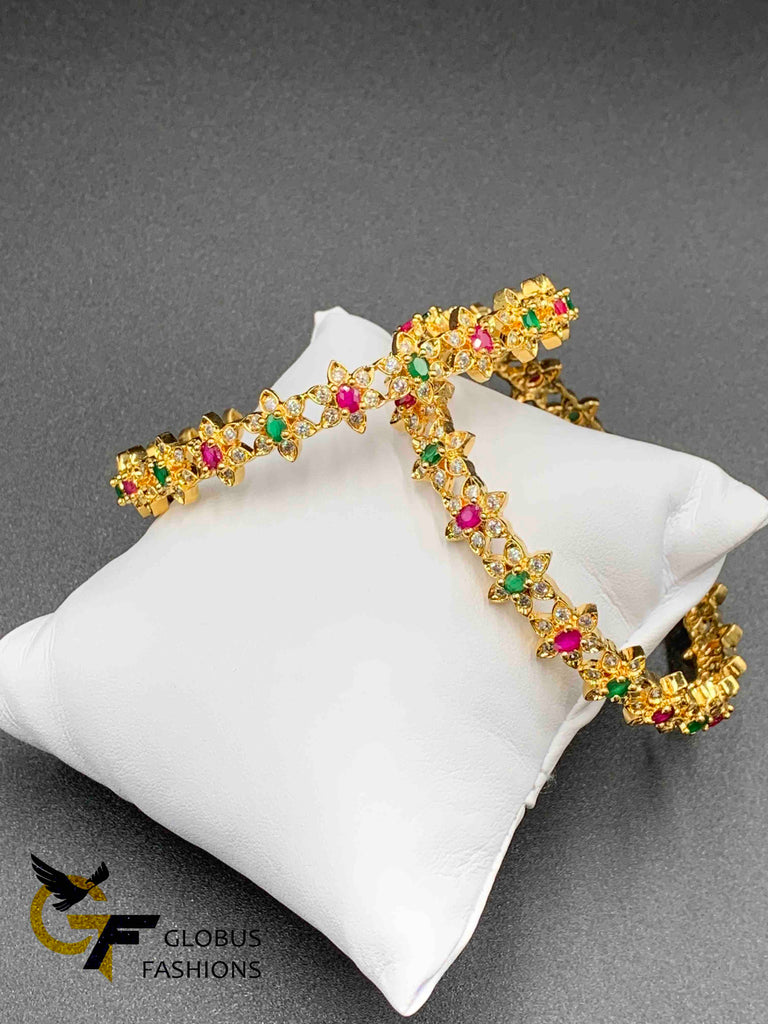 Flower design multicolor stones set of two bangles