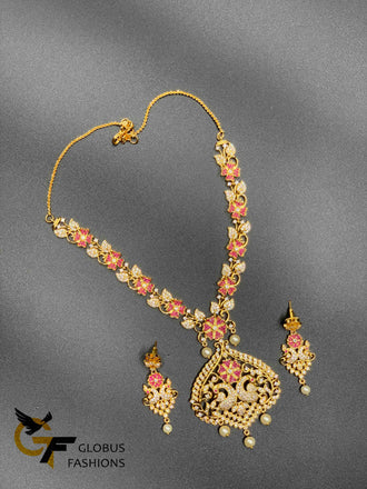 Beautiful peacock and flower design cz stones with ruby and pearls necklace set