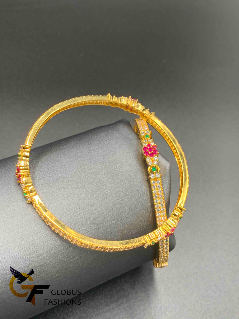 The multicolor stone flower design with cz stones set of two bangles