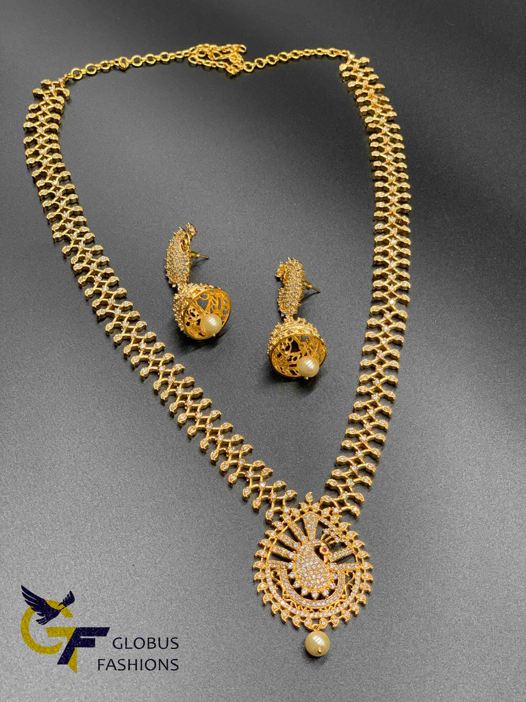 Cz stones peacock design long necklace with matching jumka earrings