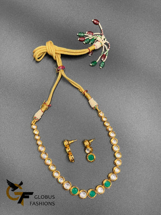 Kundan stones with emerald stones single line necklace