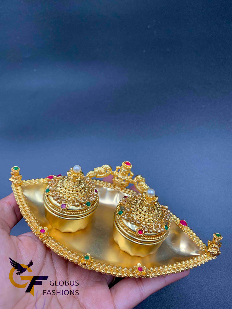 Gold plate with lakshmi print kumkum & Turmeric box