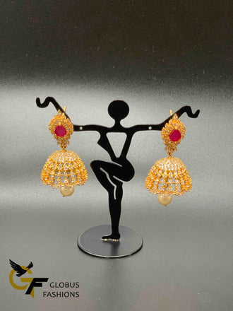 Cz stones and ruby stones with pearls jumka earrings