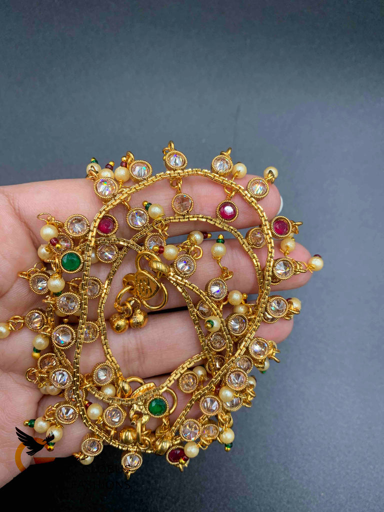 Rose gold Kundan stones with multicolor stones and pearls anklets