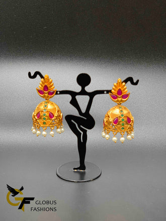 Traditional antique look multicolor stones with pearls jumka earrings