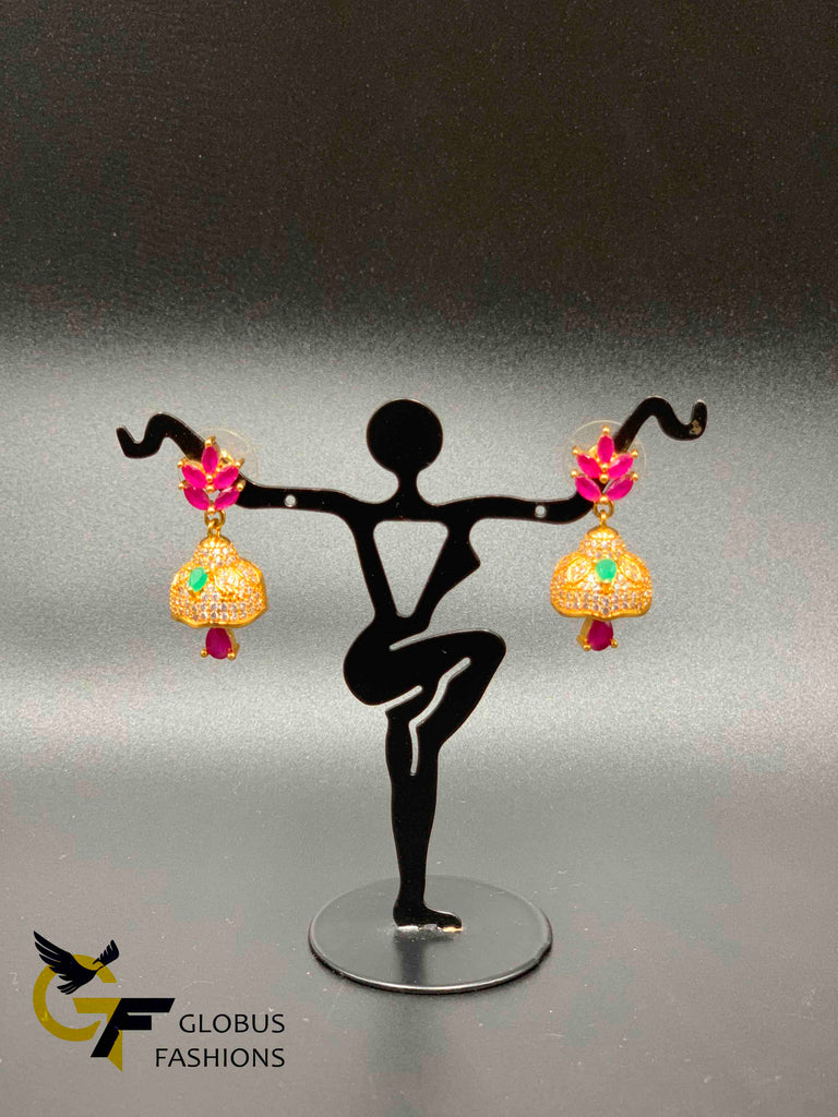 Leaf design cz stones and ruby stones jumka earrings