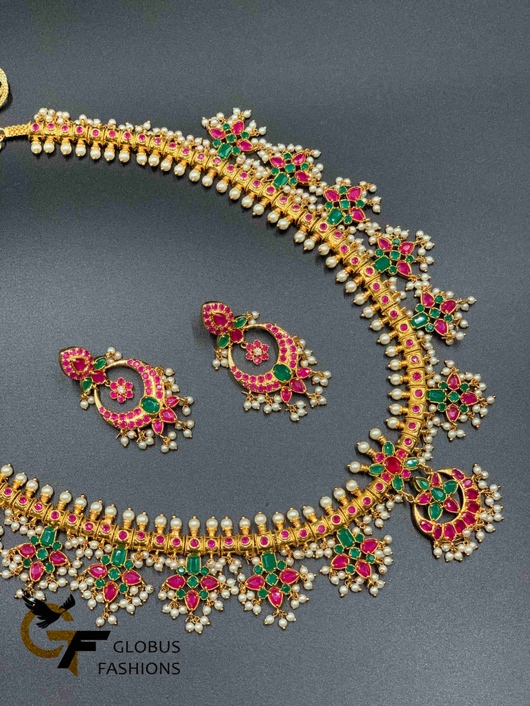 Multicolor stones with pearls gutta pusalu long necklace set