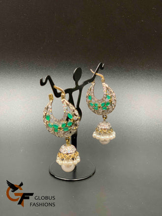 Cz stones and emerald stones with pearls jumka earrings