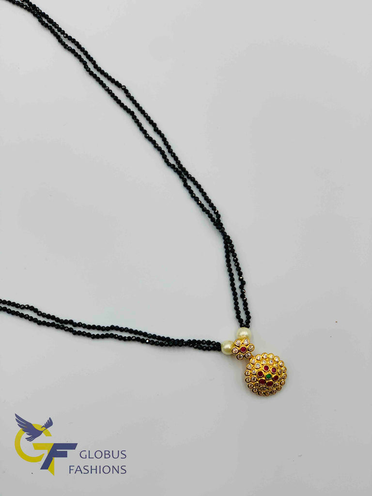Double line black beads chain with uncut cz stones with multicolor stones pendant