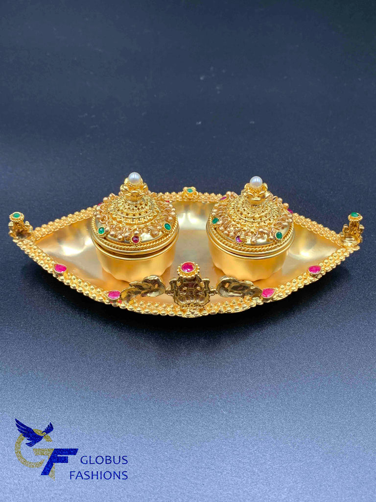 Gold plate with lakshmi print kumkum & Turmeric box