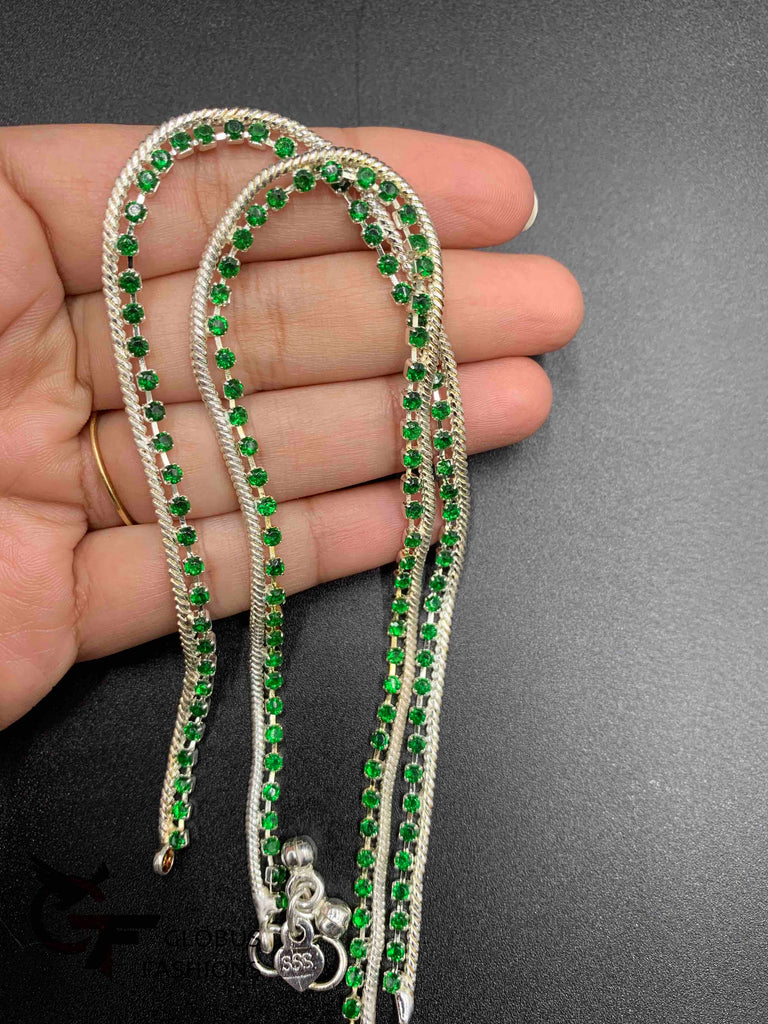 Green color Stones silver anklets