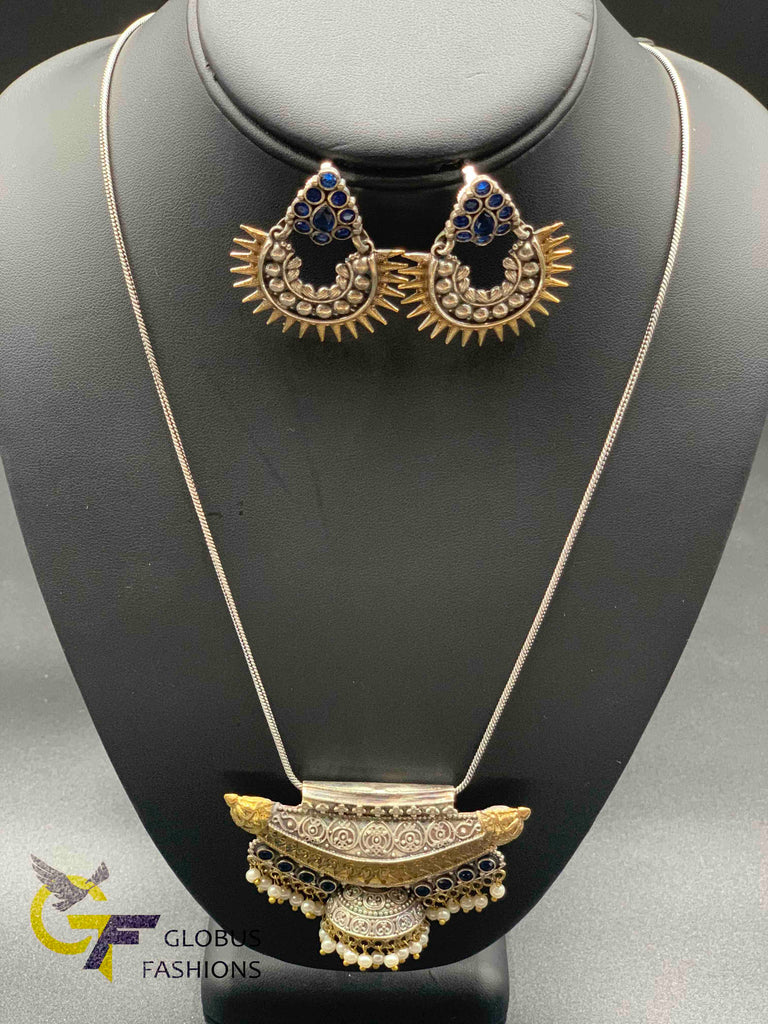 Traditional look oxidized German silver pendant with plain chain set