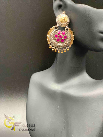 Oxidized German silver Ruby stones chandbali earrings