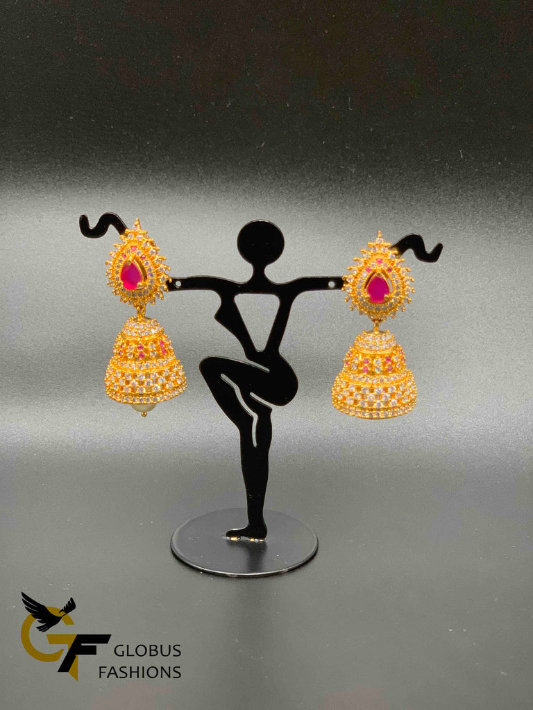 Traditional look multicolor stones and ruby with cz stones jumka earrings