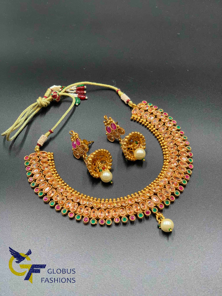 Cute polki stones with multicolor stones necklace set