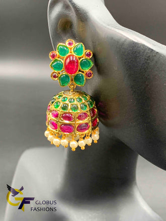 Traditional multicolor Stones with Pearls Jumka Earrings