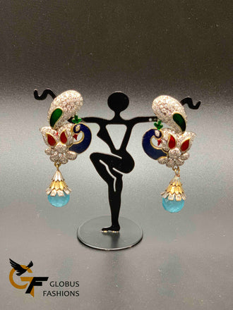 Peacock design cz stones with green and blue German silver earrings