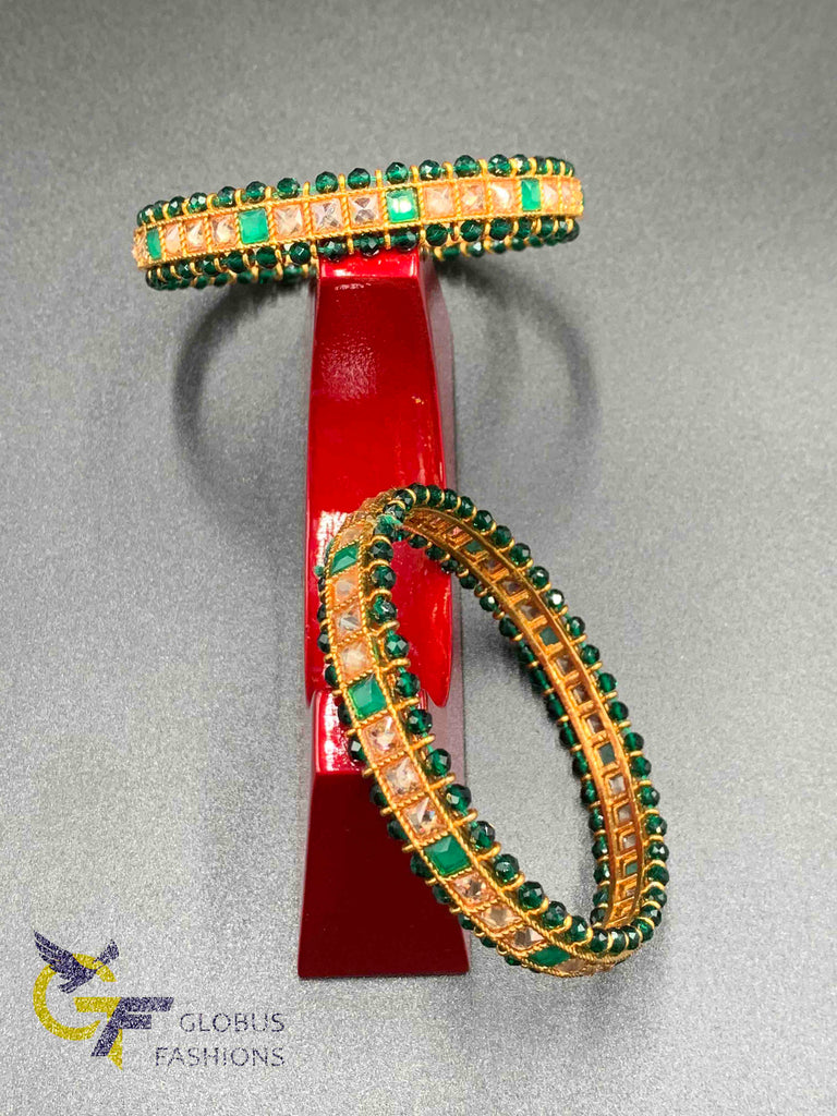 Elegant emerald beads & Stones with kundan stones set of two bangles